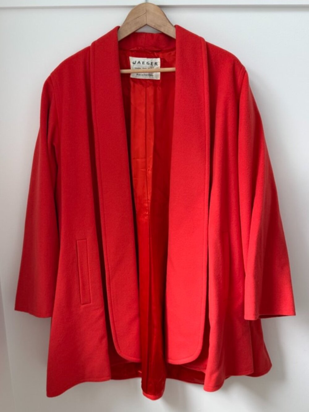 Vintage JAEGER Pure Wool Red Shawl Collar Open Front Coat Jacket